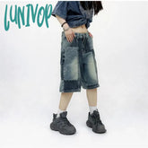 Lunivop Women’s Patchwork Design Wide Leg Blue Denim Shorts Unisex Style Capris Summer Female